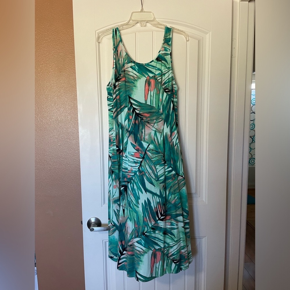 Tommy Hilfiger, tropical green, sleeveless dress, asymmetric hem, medium